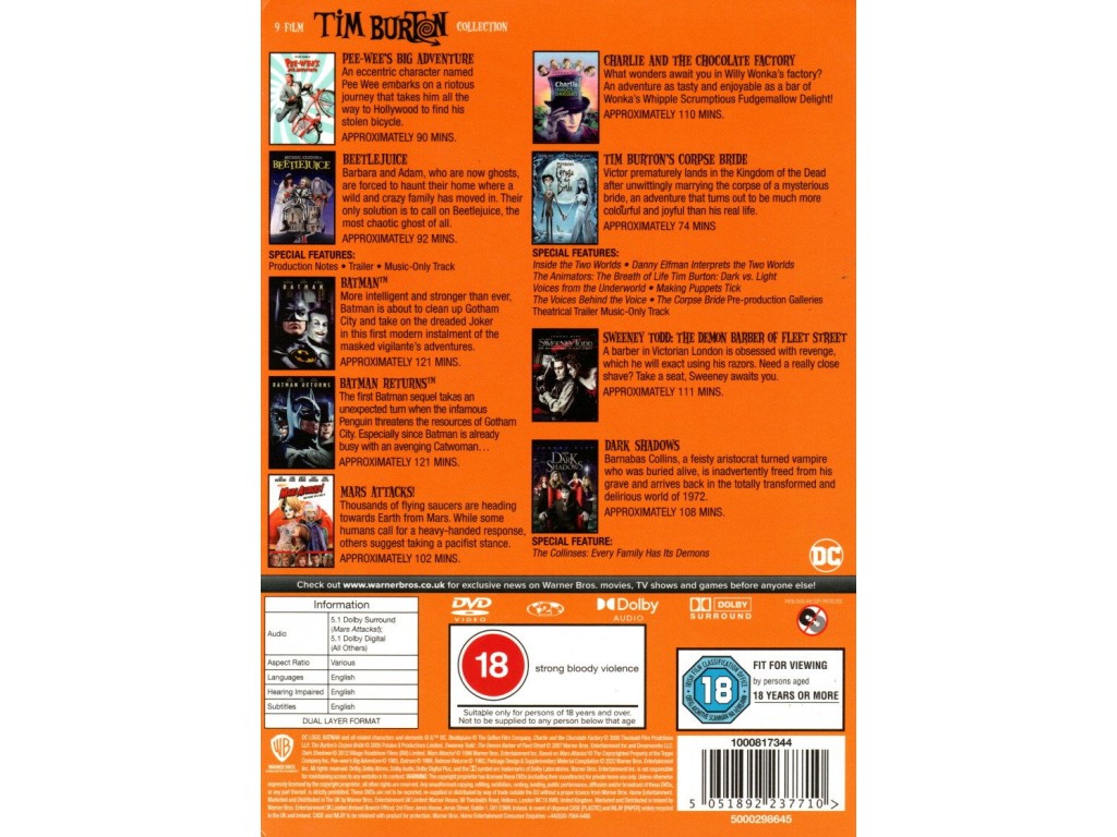 Tim Burton Collection (9 Films) DVD - Directed by...Beetlejuice...Batman..Corpse bride and more....