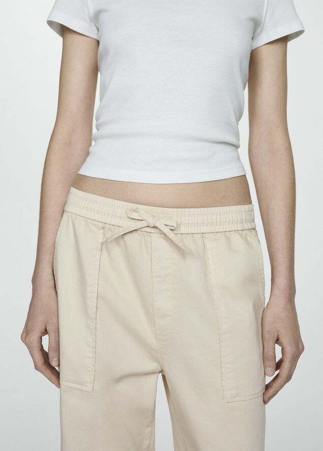 MANGO Elastic waist cotton trousers Natural white