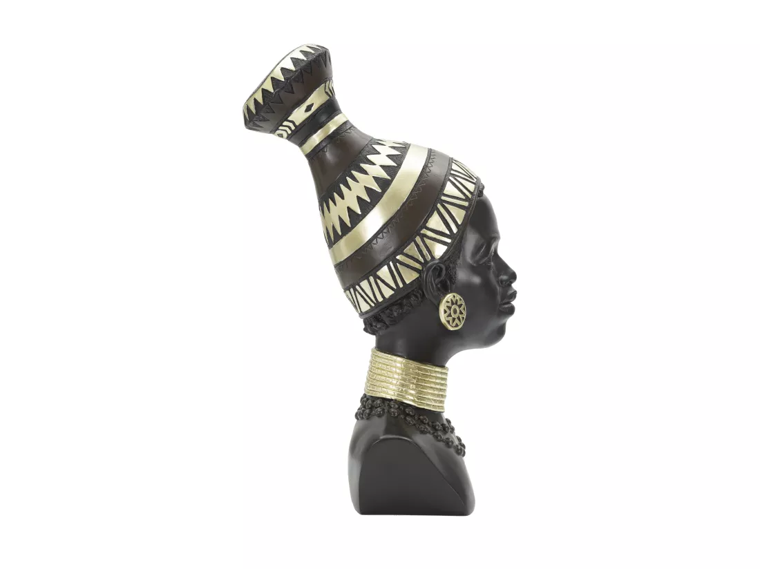 Sculpture tête de femme Masai avec coiffe et bijoux tribaux, 23x19x38,5 cm, statue en résine noire et couleurs mixtes, inspirée des traditions.