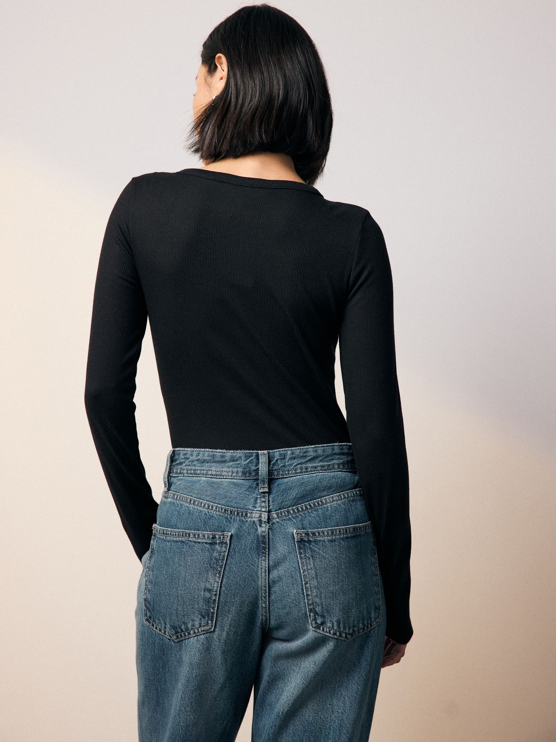 Zwart - Ribbed Long Sleeve Henley Bodysuit