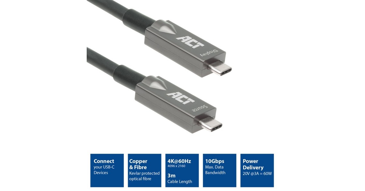 ACT ConnectivityUSB-C 3.2 Gen2 Active Optical Cable (AOC) aansluitkabel, 3m  (Grijs/zwart)
