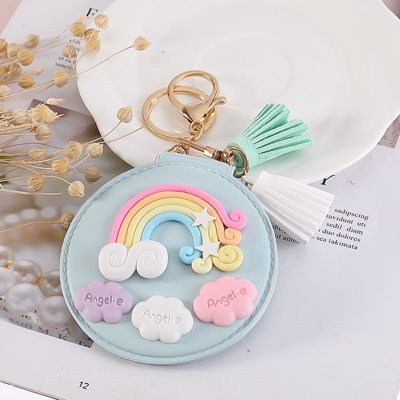 Worthbuy - Regenboog kwast imitatie leren draagbare spiegel tas charme sleutelhanger