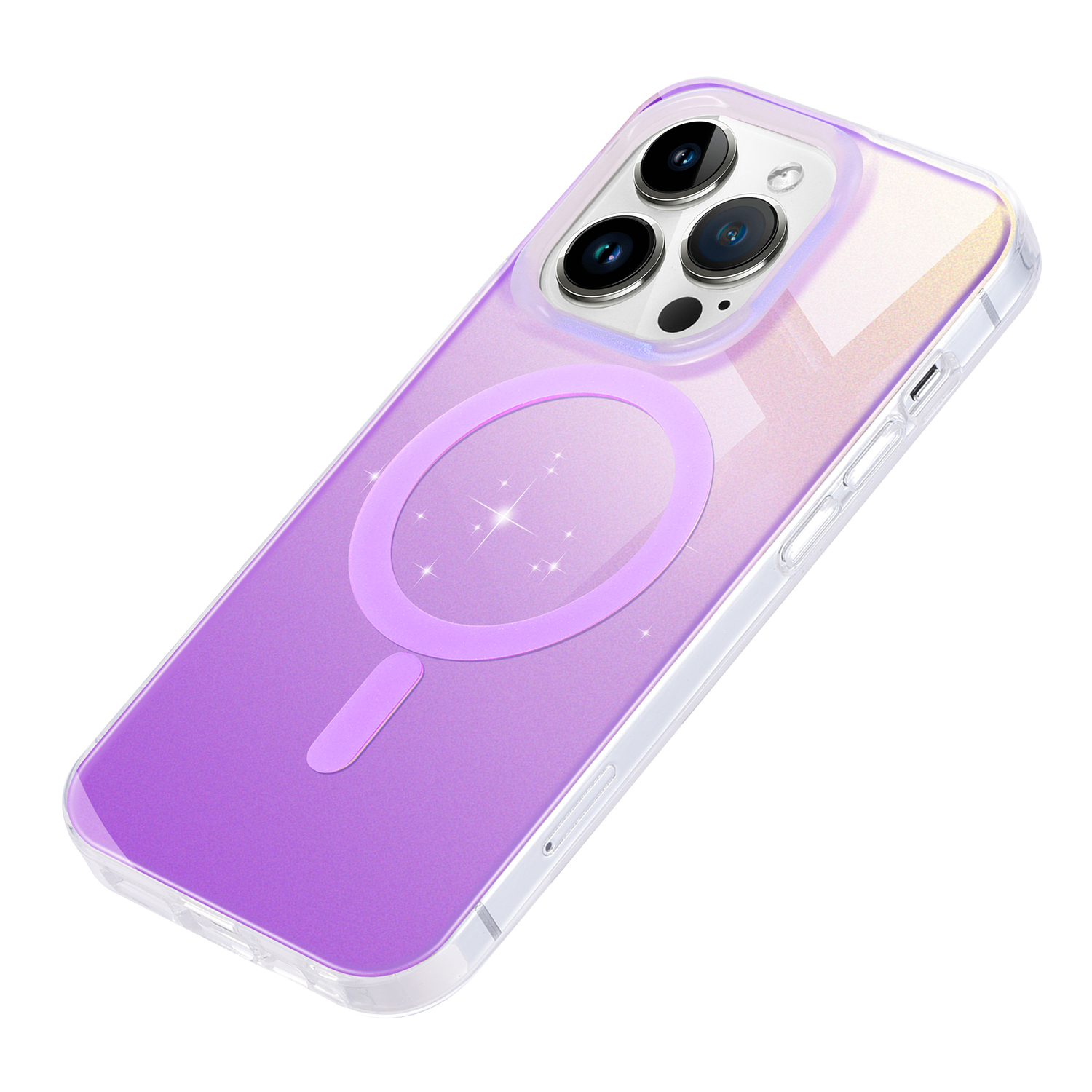iPhone 15 Pro MagSafe Hülle mit Acryl Rückseite und Laser Hologramm im Glitzer Design - Rosa