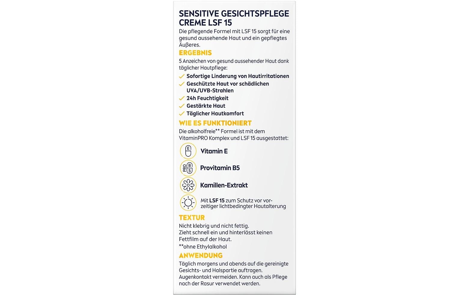 Gesichtscrème Sensitive LSF 15 75 mlGesichtspflege mit Kamille-Extrakt reduziert Hautirritationen