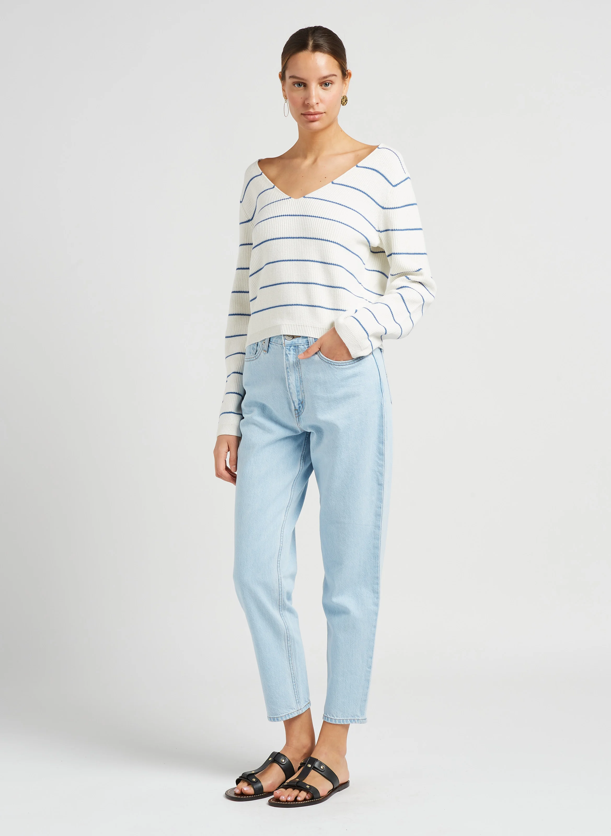 Pull col bateau rayé en coton| Blanc