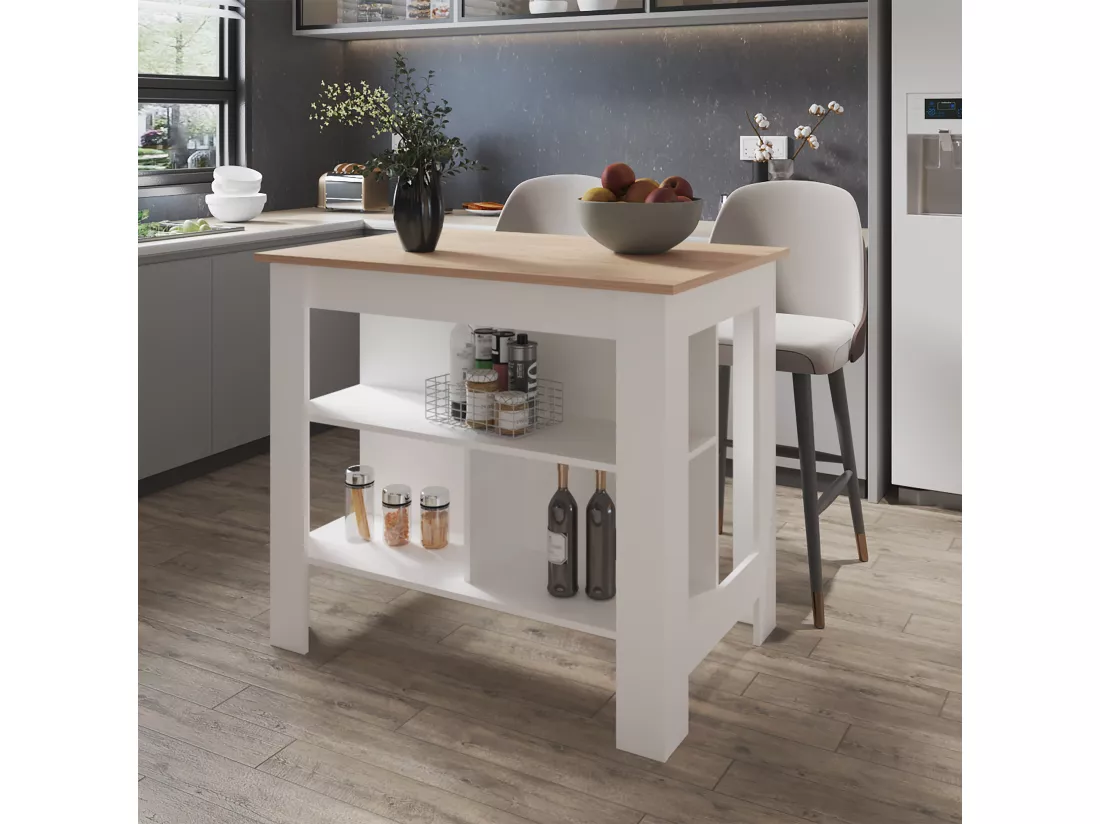 Ilot de cuisine Cala en mélamine avec 3 étagères , Rovere / Blanc , 90 cm X 103 cm X 70 cm