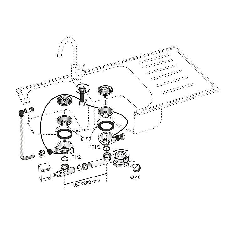Bonde à panier avec commande à câble 90mm, trop-plein et siphon extra-plat blanc Wirquin