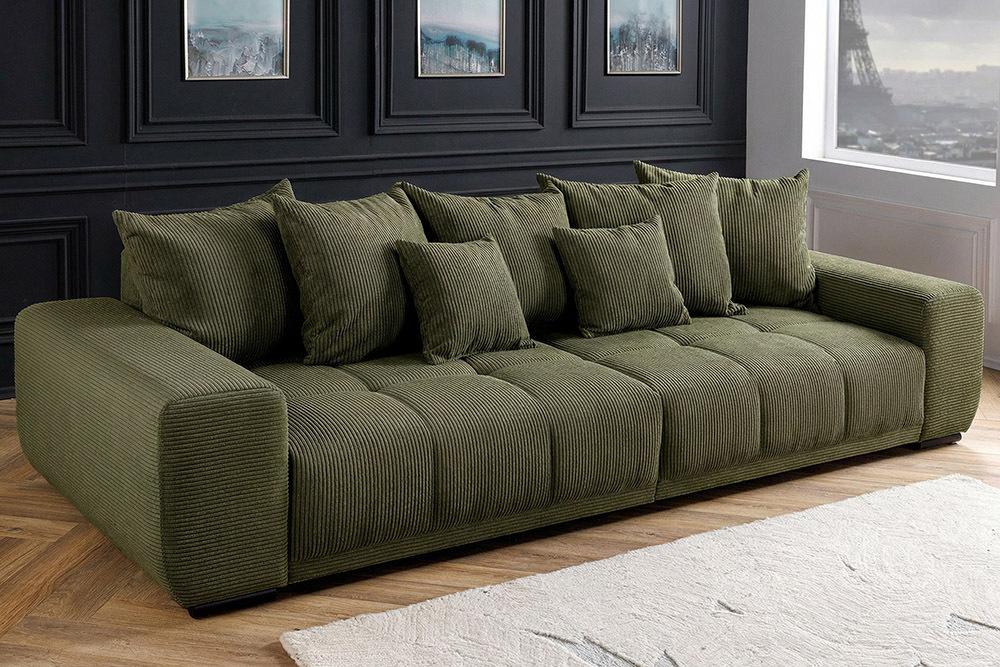 Modernes XXL Sofa ELEGANCIA 285cm grün Cord Federkern inklusive Kissen Bigsofa