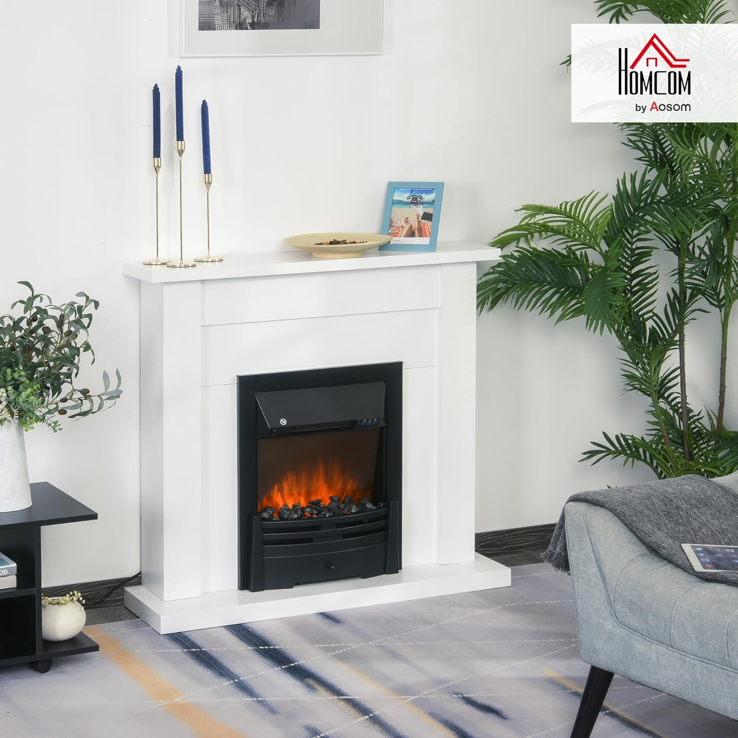 HOMCOM Elektrokamin Standkamin mit Heizung, LED 3D-Flammeneffekt, Adaptive Startfunktion, 2000W Elektrischer Kamin mit 2 Leistungsstufen, Fernbedienung, Timer, Überhitzungsschutz, Thermostat Weiß
