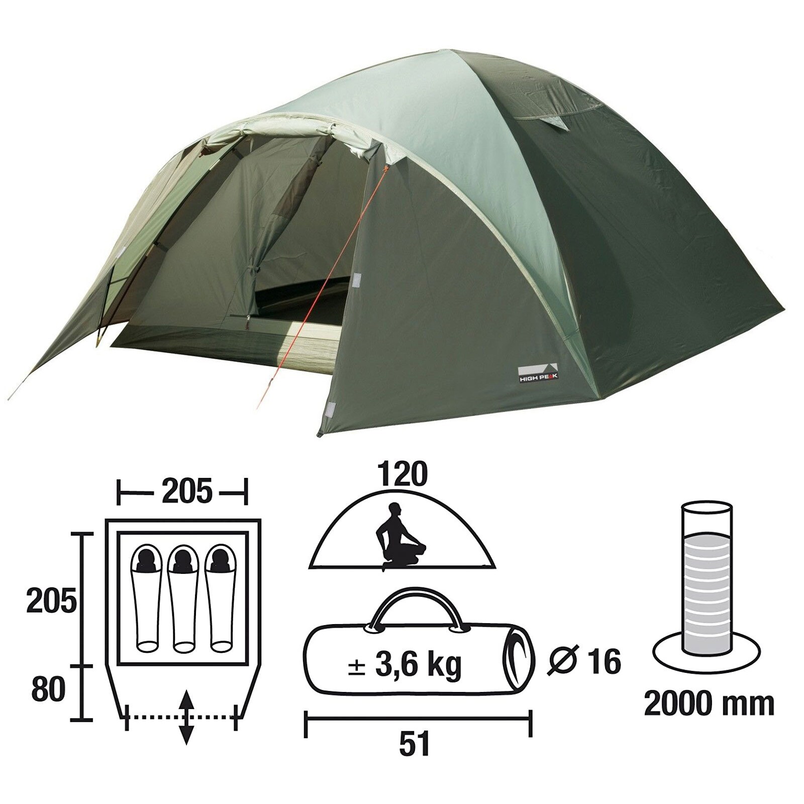 HIGH PEAK Iglu Zelt Nevada 3 Personen Camping Kuppelzelt Trekkingzelt Vorraum