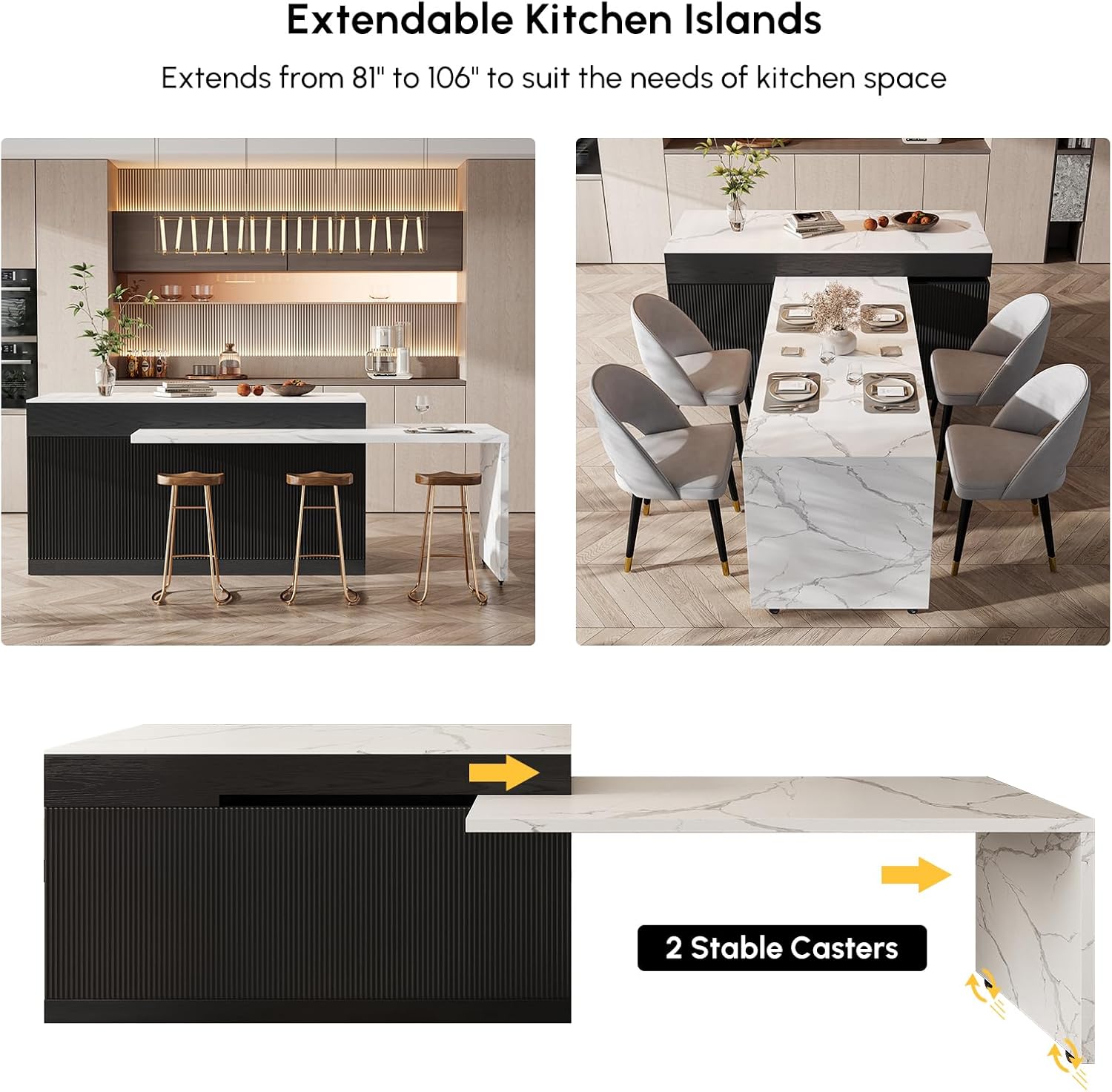 Homary Ausziehbare Kücheninsel 81–106 cm, Moderne Kücheninsel mit Marmoroptik Arbeitsplatte, Küchenschrank mit Schubladen & Türen, Viel Stauraum für Küche & Essbereich
