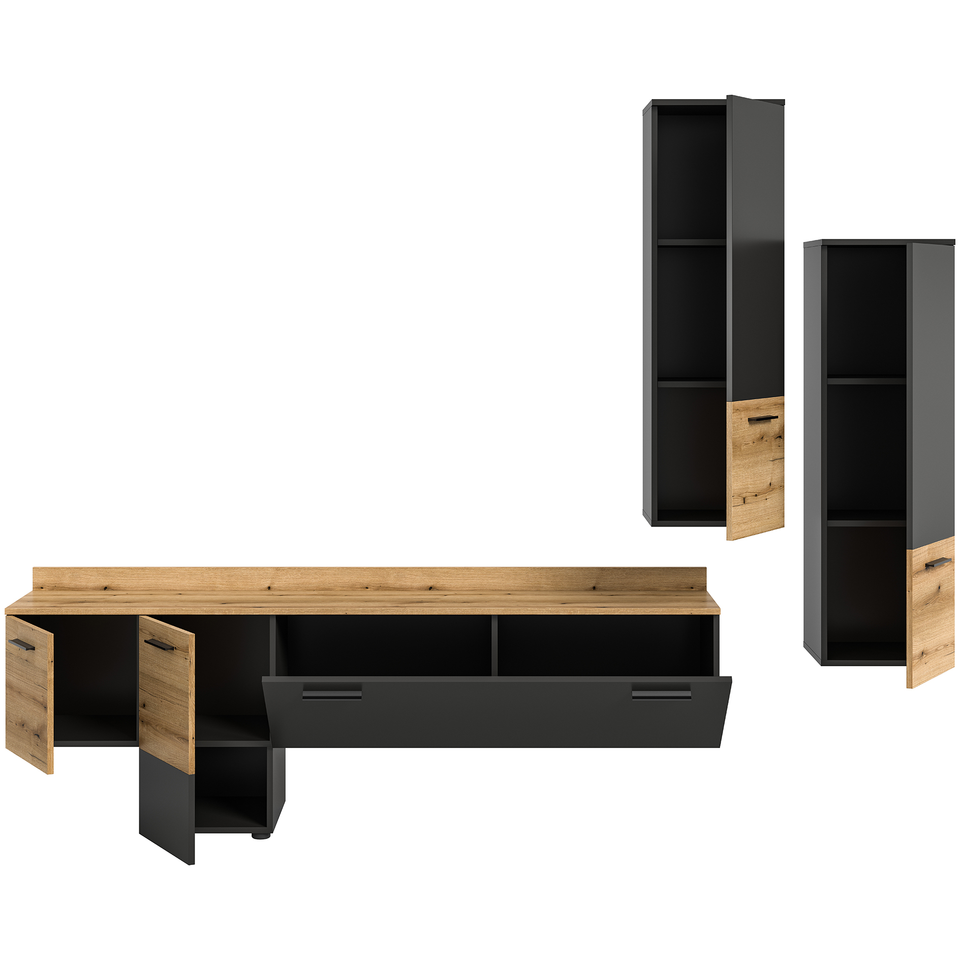 3-teiliges Wohnwand-Set GOAL - grau - Evoke Oak - LED-Beleuchtung