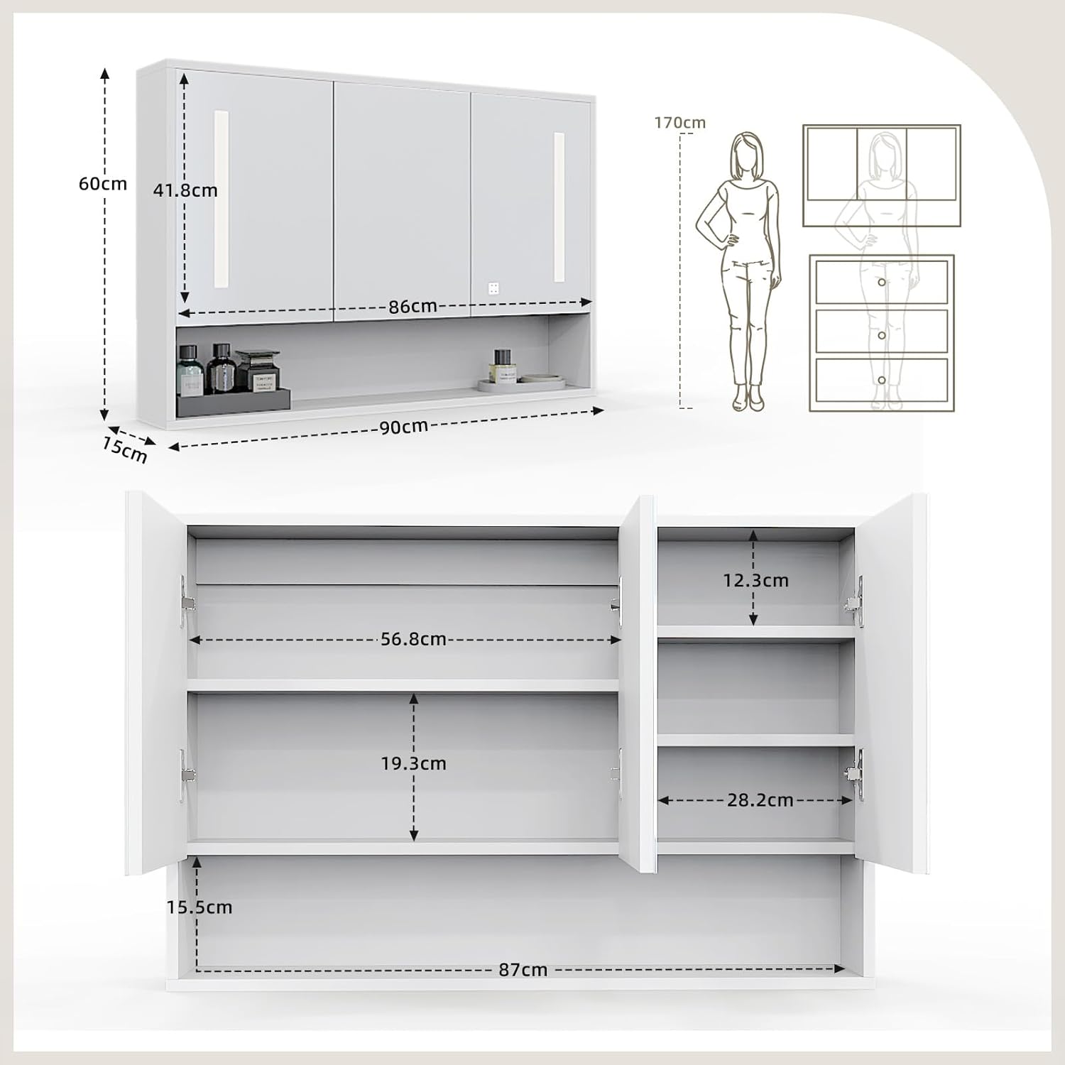 spiegelschrank Bad mit Beleuchtung, Badezimmerspiegel 90 × 60 × 15 cm, Wandschrank mit Offenes Fach, Badschrank mit Verstellbare Ablagen, Medizinschrank, Spiegelschrank für Badezimmer weiß