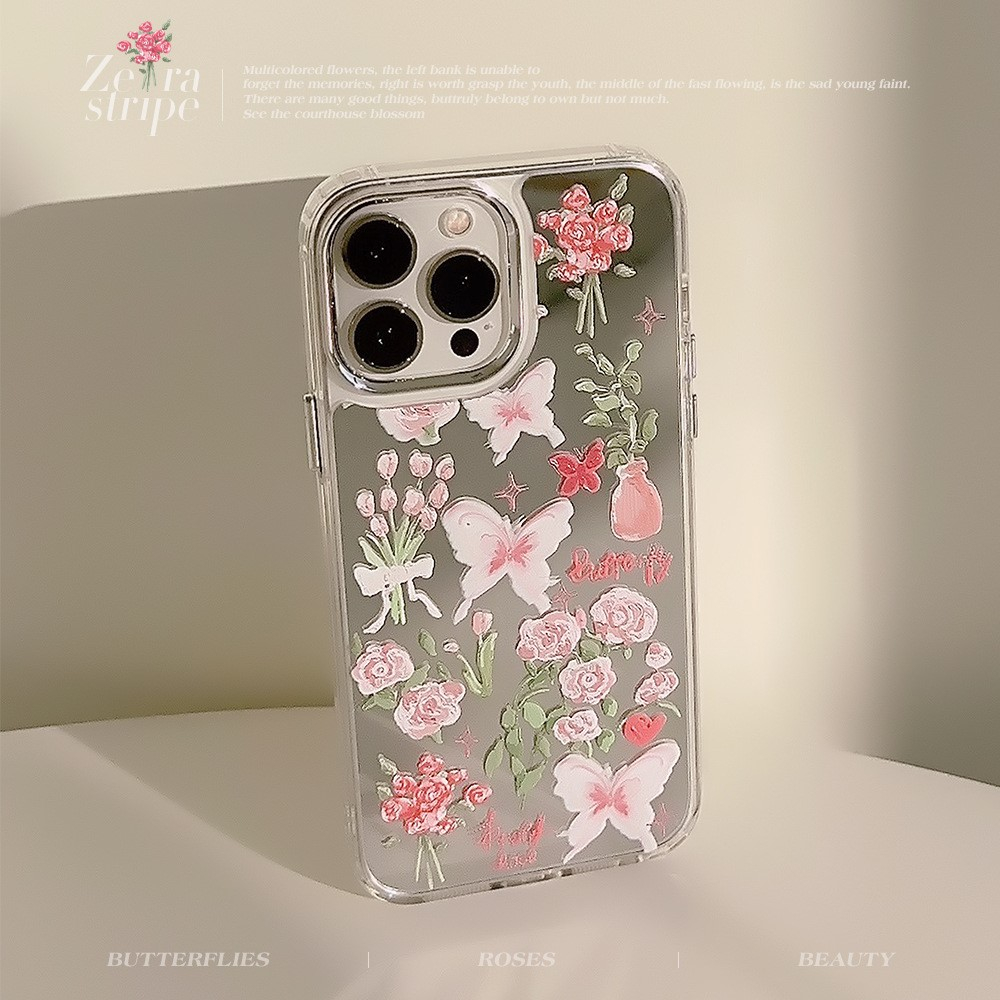 iPhone 13 Pro Galvanisierte Gummi Case Hülle mit Spiegel   Blumen Muster - Silber / Transparent