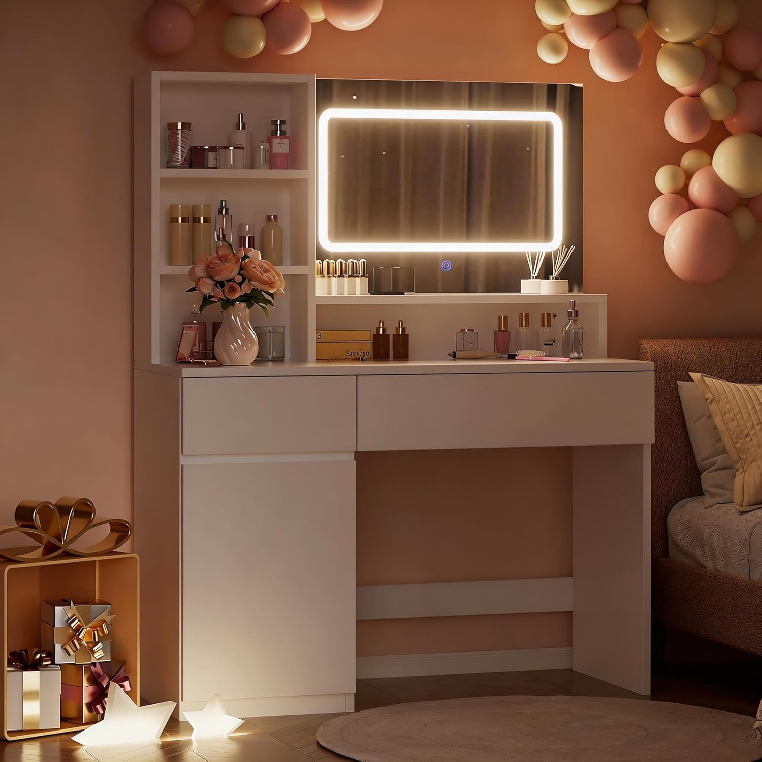 Airfish Schminktisch mit LED-Beleuchtung, 3 Farben Einstellbarer Helligkeitund, Frisiertisch mit Spiegel, 2 Schubladen, 4 Fächer & Schrank, für Schlafzimmer, Weiß