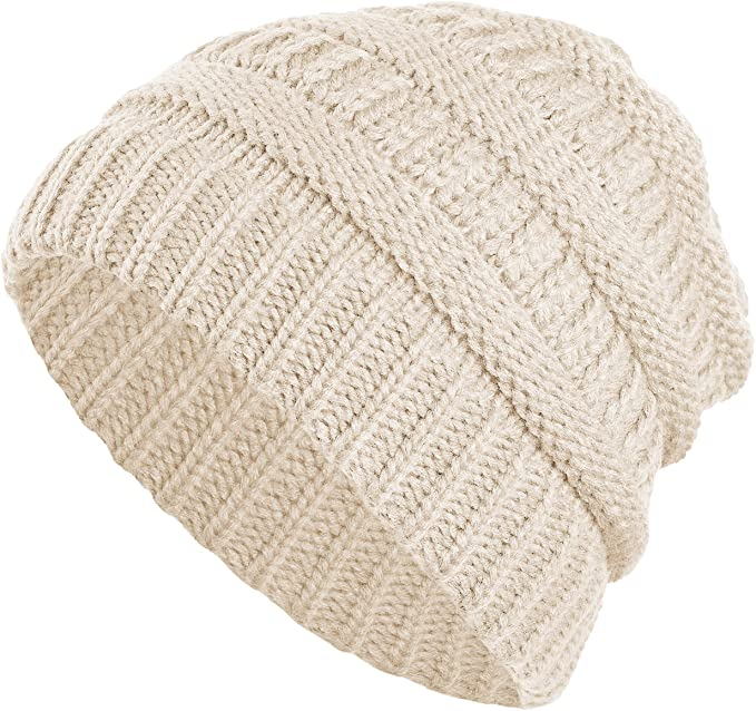 Damen Strickmütze mit Zopfloch Winter Mütze für Pferdeschwanz   Zöpfe (One Size) - Beige