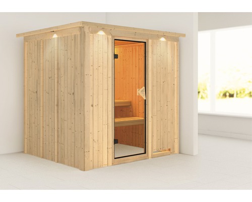 Plug & Play Sauna Karibu Achat VIII zonder kachel, met dakrand en gebronsde volledig glazen deur