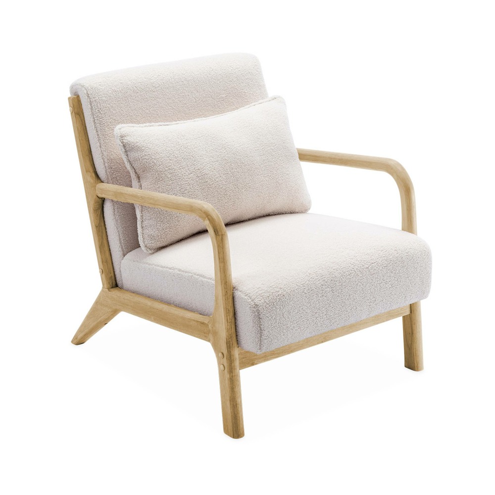 Banquette 2 places + fauteuil en bois et tissu bouclette