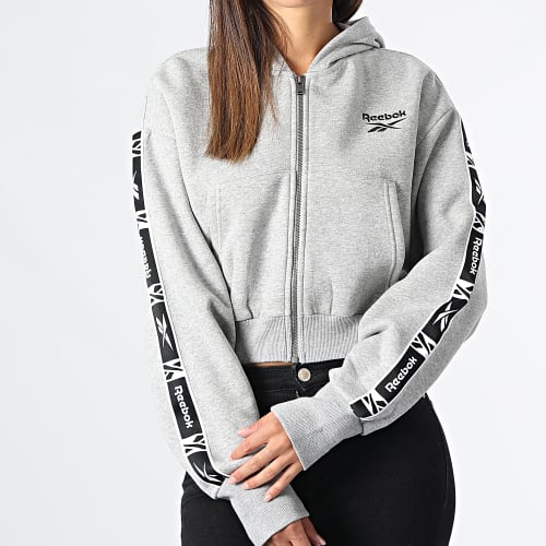 Sweat Zippé Capuche Femme Crop A Bandes HT3535 Gris Chiné
