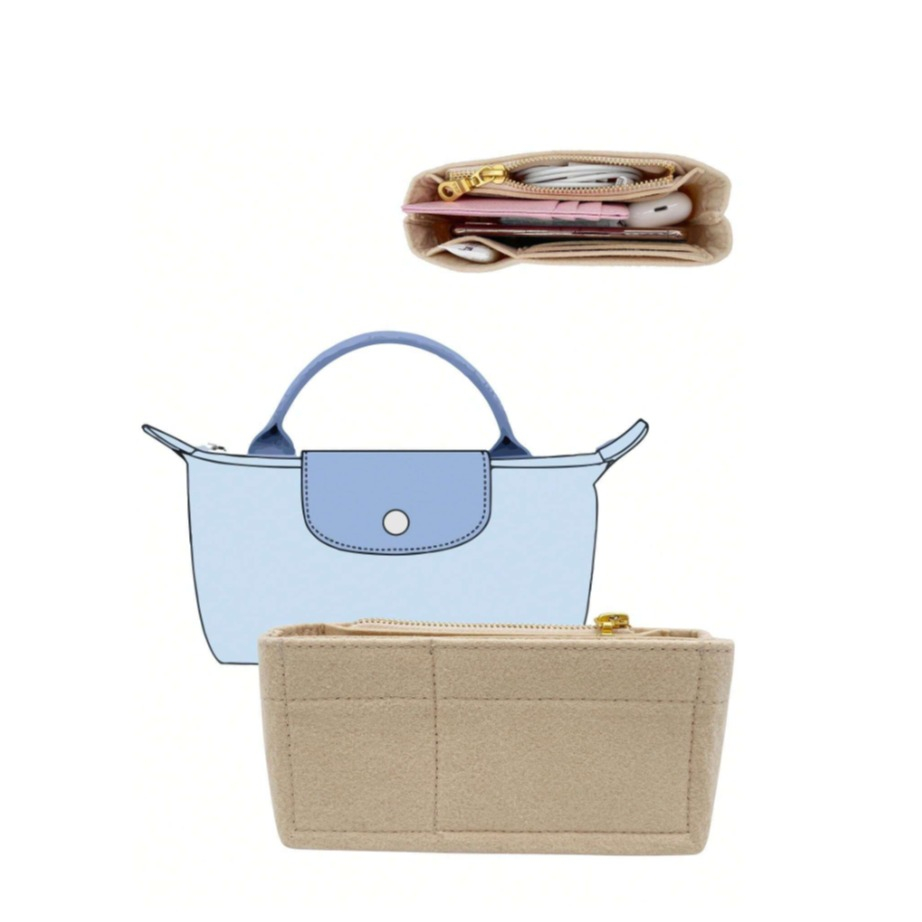 (16x9cm) Stoff Handtaschen Organizer Taschen Aufbewahrungs Einsatz mit Schultergurt für Longchamp Le Pliage - Beige / Braun