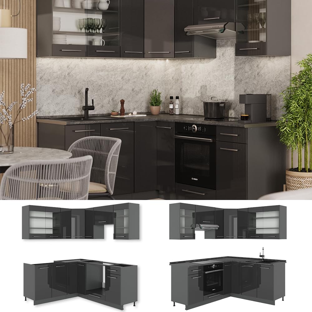 Vicco Eckküche Fame-Line, Anthrazit Hochglanz, 190 x 46 cm ohne Arbeitsplatte