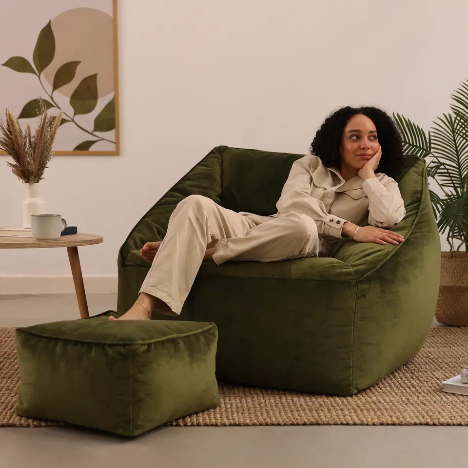 icon Zitzak en Poef Natalia - Fluwelen Zitzak - Olijfgroen