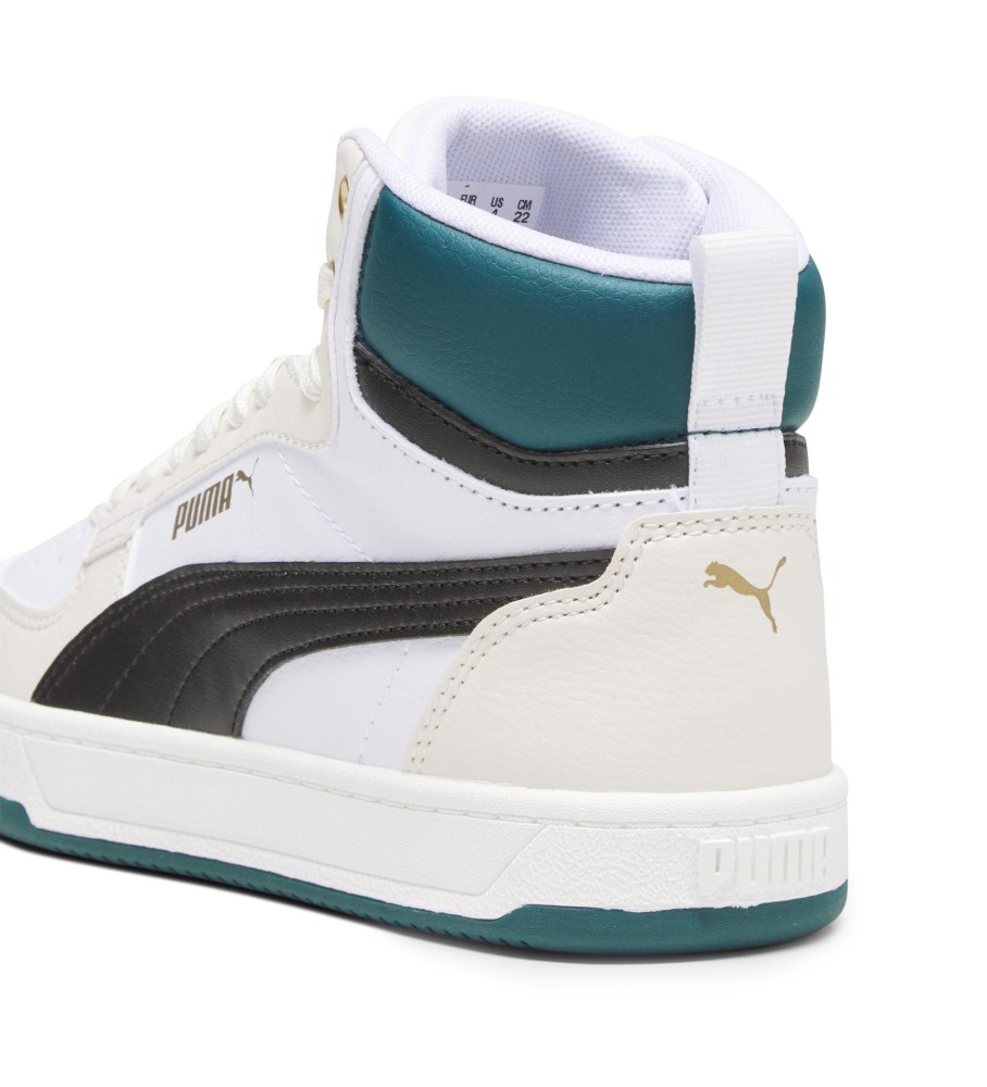 Tênis Puma Caven 2.0 Mid, branco e verde.