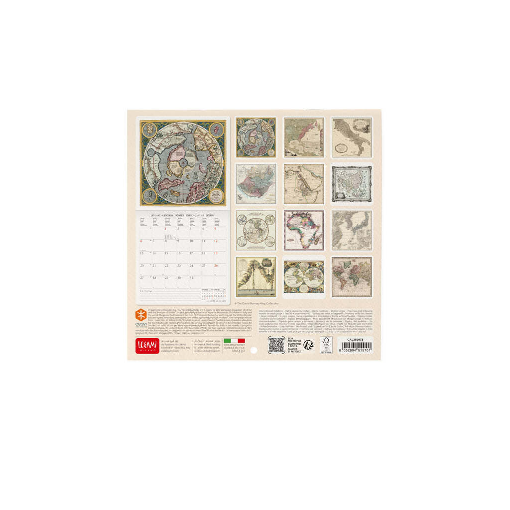 Calendário 2025 18X18 - Vintage Maps