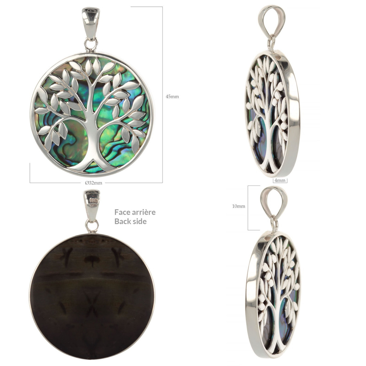 Cadeau bijoux symbole Arbre de vie Pendentif Nacre abalone Argent  rhodié rond femme