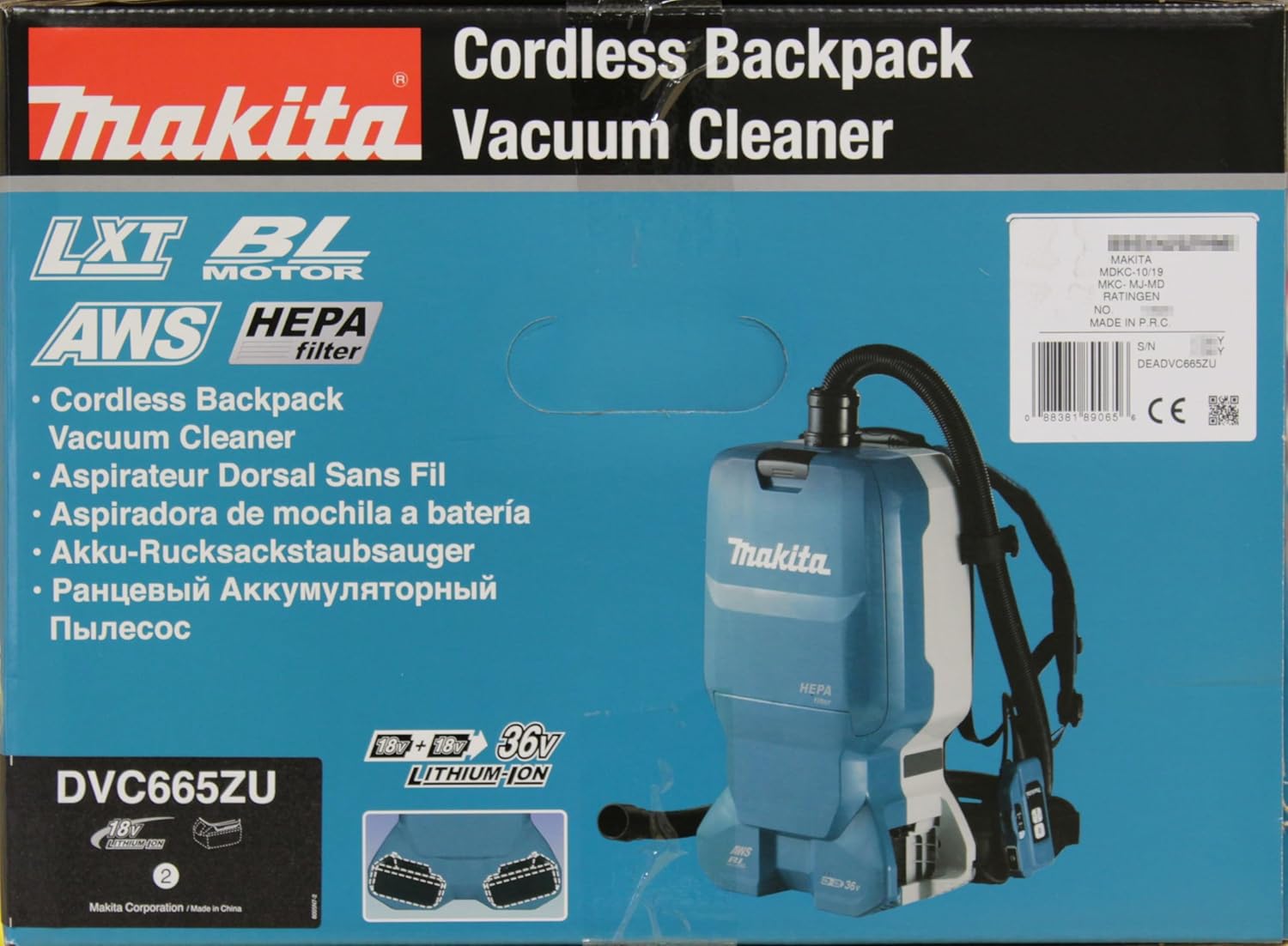 Makita DVC665ZU, Rucksackstaubsauger 2x18 V mit Bluetooth (ohne Akku, ohne Ladegerät), Blau