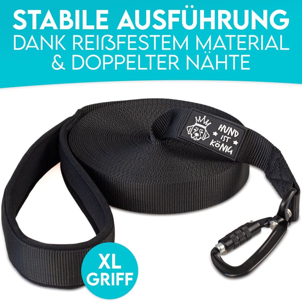 HUND IST KÖNIG® 15m Hunde Schleppleine mit Sicherheitskarabiner & gepolsterter Handschlaufe