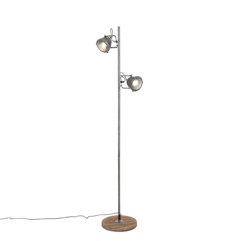 QAZQA - Industrieel I Vintage I Industrieel I Vintage I Staande lamp I Staande lamp I Lamp I Lamp van staal I Zilver I mat nikkel met hout, 2-lichts – Emado I Woonkamer I Slaapkamer -