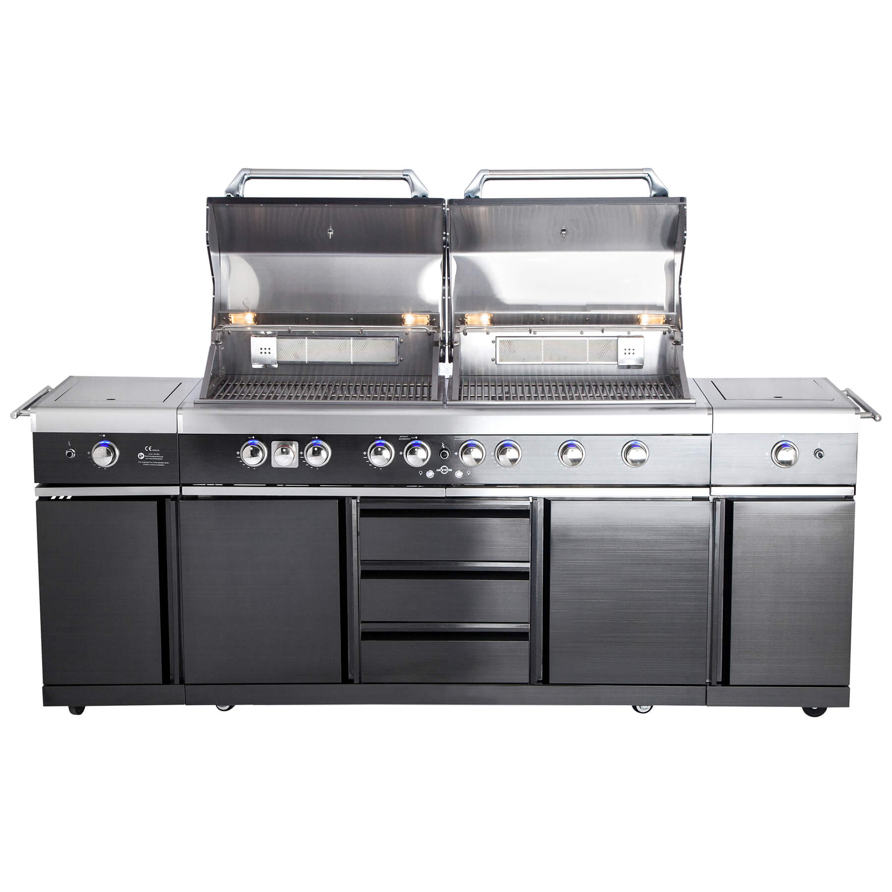 Voll-Edelstahl Außenküche ALL'GRILL EXTREM BLACK-Line Steakzone® mit 34,7 kW Leistung, 6-flammig, inkl. Seitenkocher und Air System