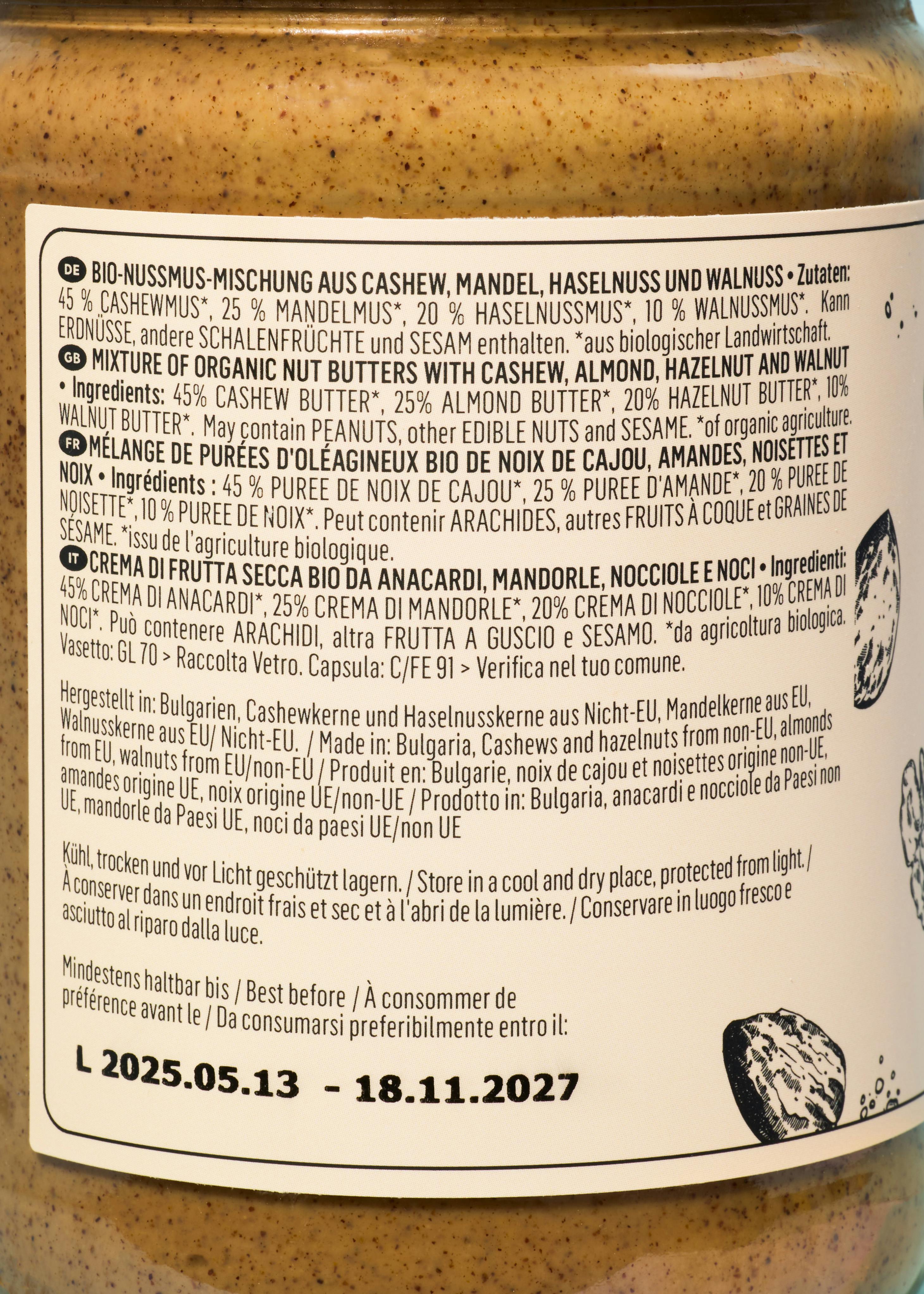 Bio 4 Nussmus aus Cashew, Mandel, Haselnuss und Walnuss 6 x 500 g