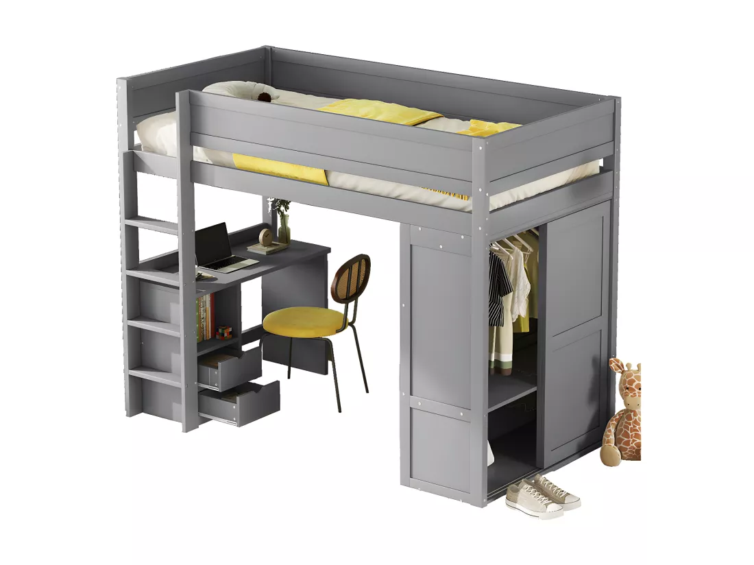 Lit mezzanine 90x200cm - lit enfant multifonctionnel - équipé d'une armoire et un bureau - en pin massif - Gris