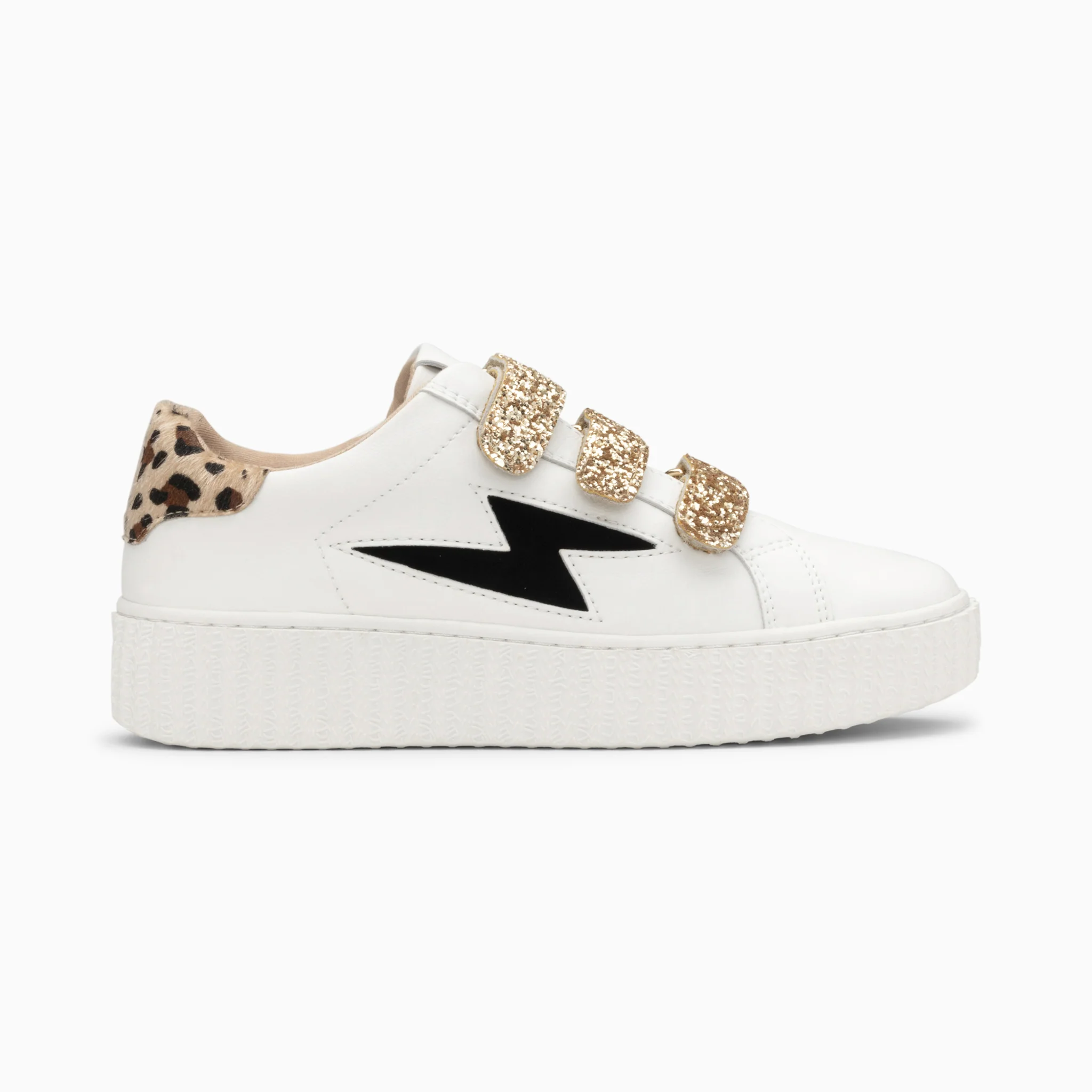 Sneakers-Baskets éclair Angela blanc et zèbre à scratchs or