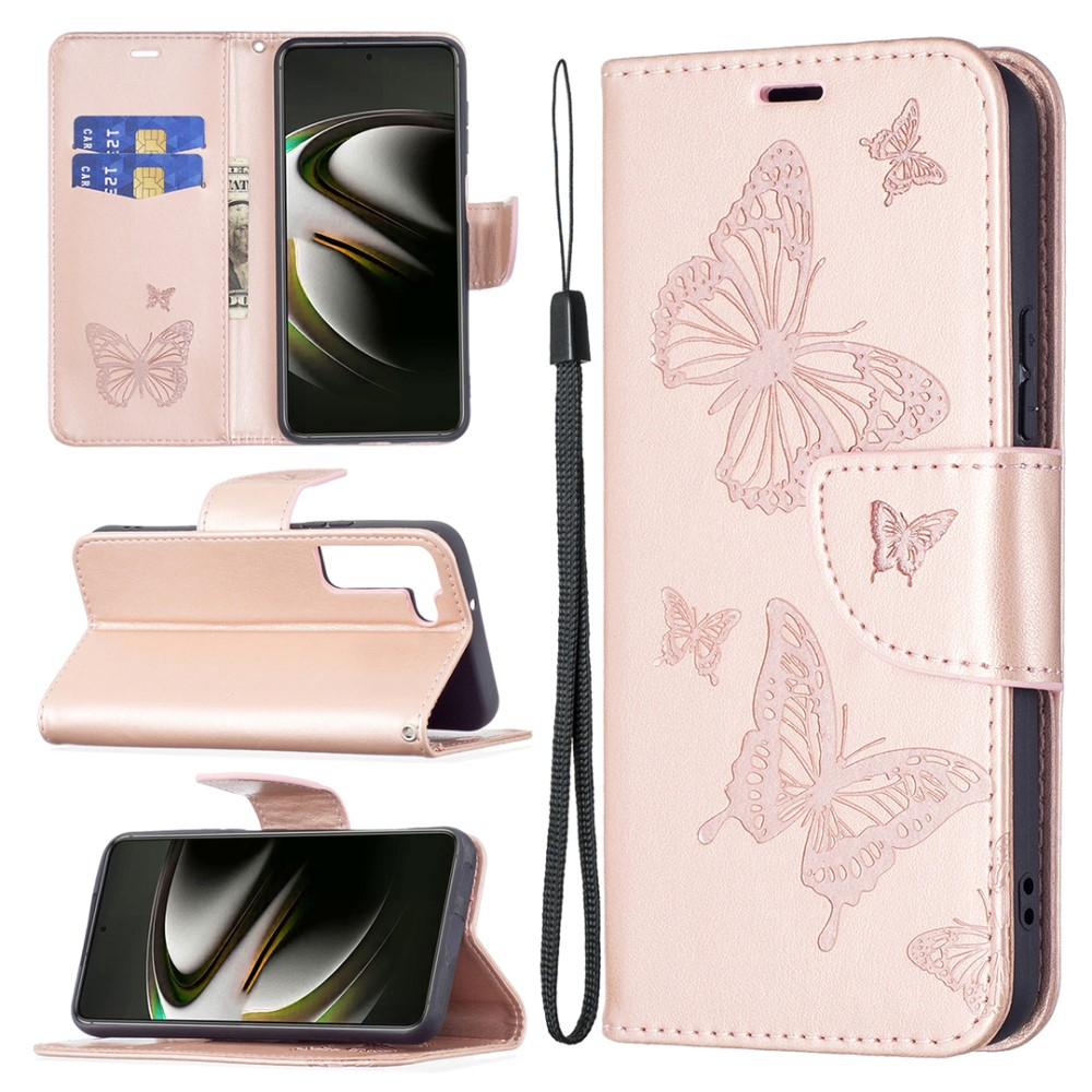 Samsung Galaxy S22 5G Leder Tasche mit Kartenfach   Handschlaufe Schmetterling - Roségold