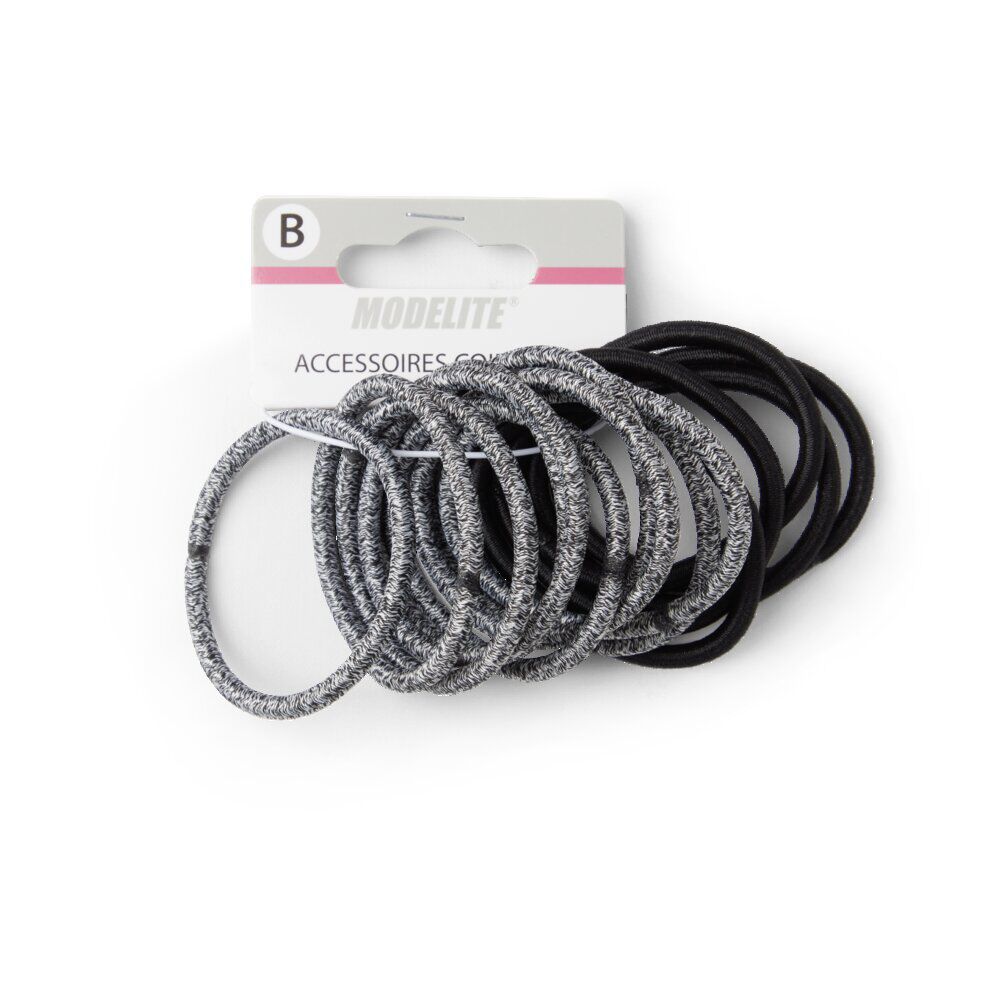 Lot de 15 élastiques à cheveux polyester noir et blanc aspect chiné