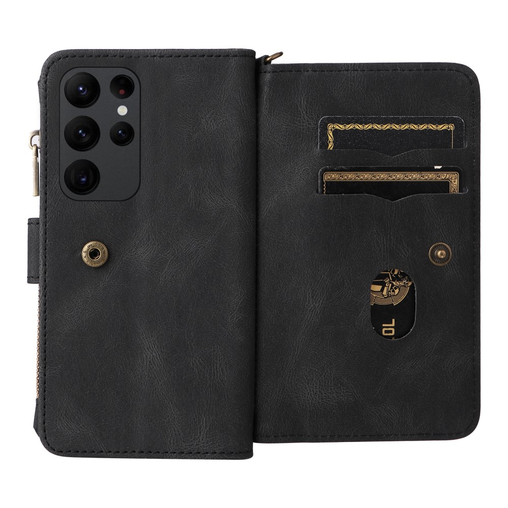 Samsung Galaxy S23 Ultra 5G Leder Wallet Etui Tasche mit 15 Kartenfächern   Münzfach - Schwarz