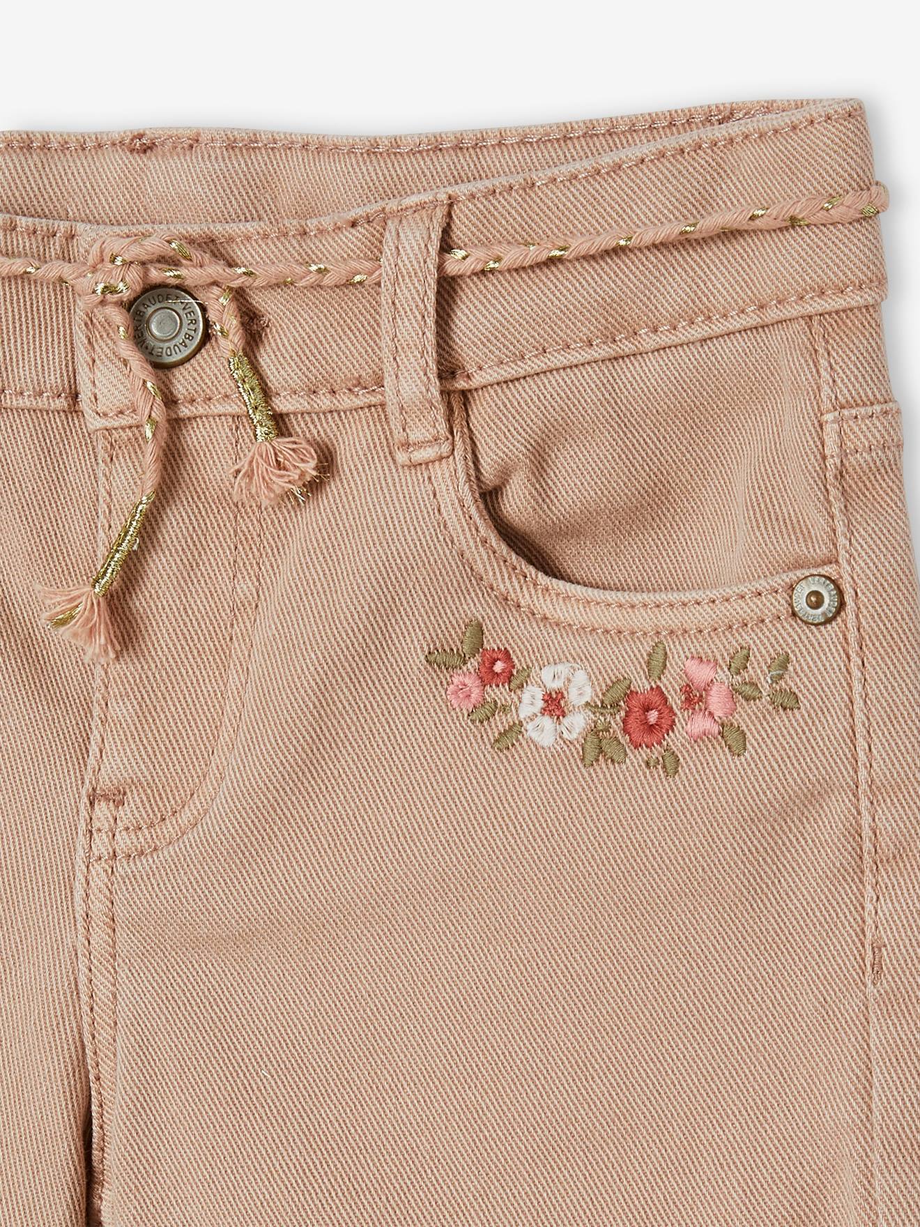 Bermuda rosa cor de maquiagem com bordado floral para meninas