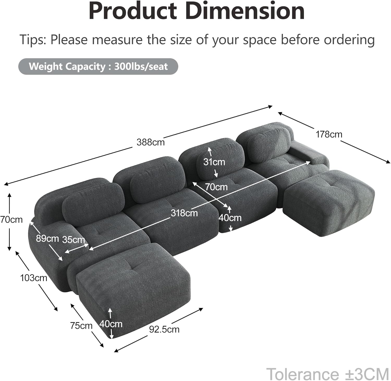 Bladez Modernes 4-Sitzer Cord Sofa Modulares U-förmiges Ecksofa mit Ottoman Hocker, Ohne Montage, Cloud Polstersofa Couchs kombinierbar, für Wohnzimmer (Grau, 4-Sitzer+2)