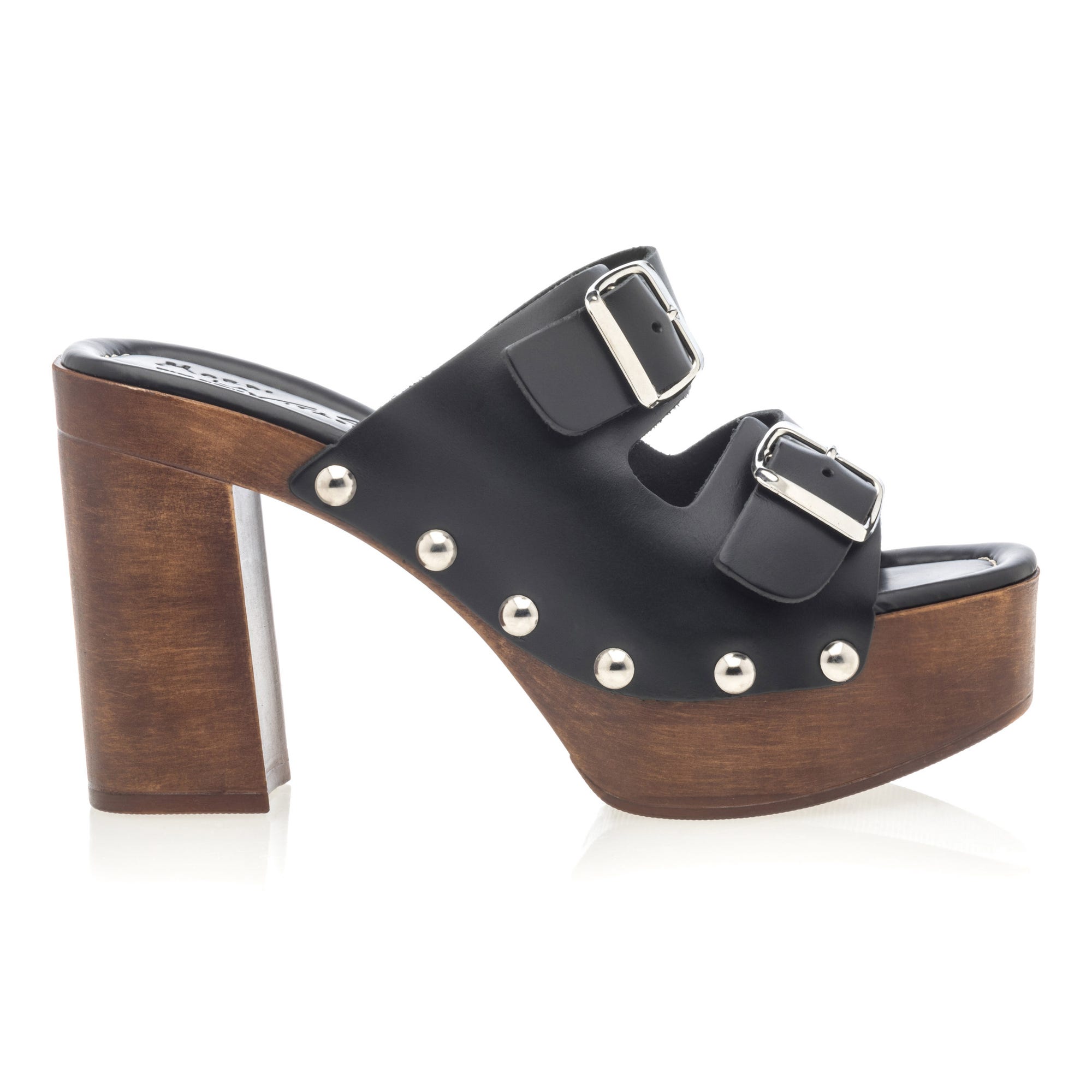 Chaussures semelle bois à talon Femme en cuir noir