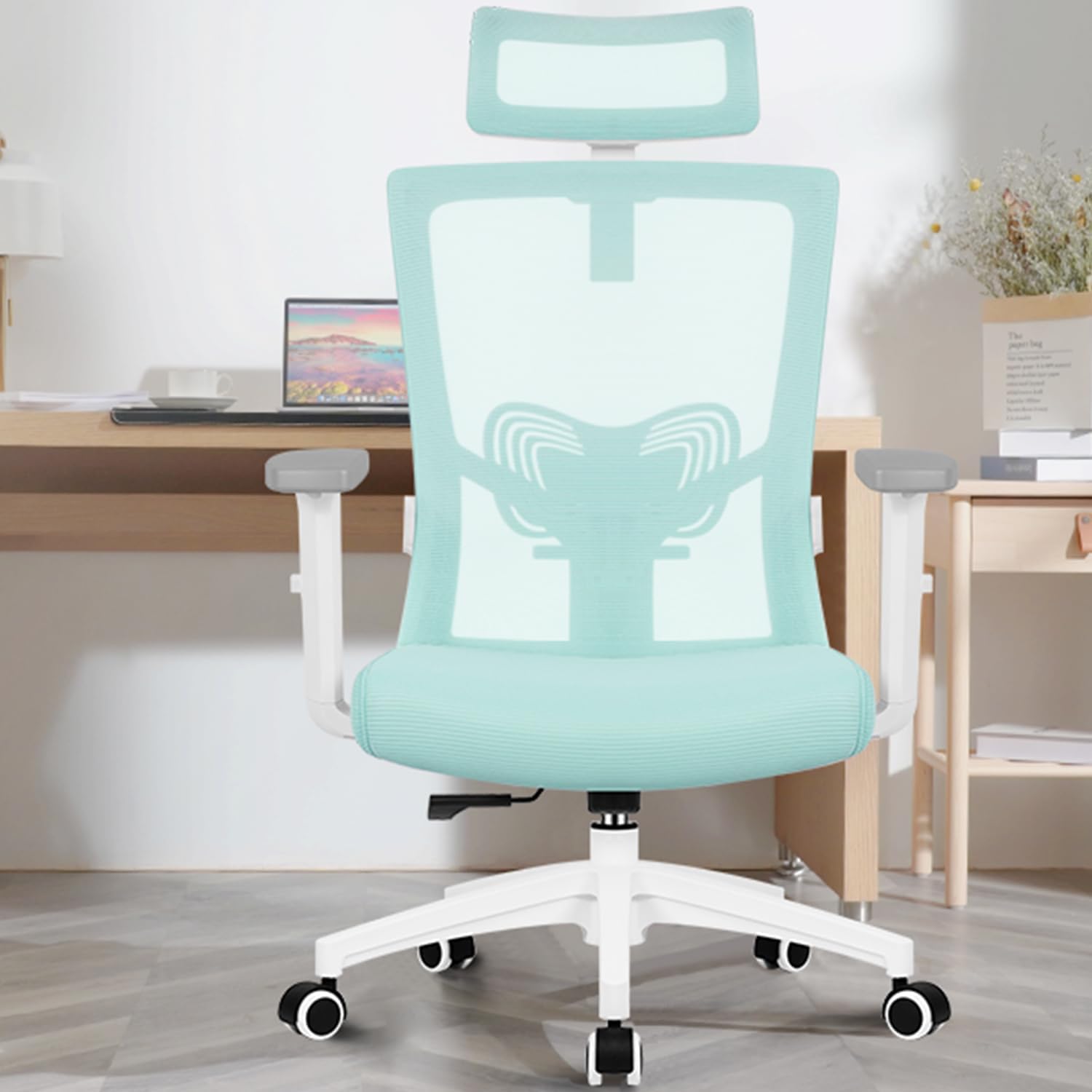 Daccormax Bürostuhl Ergonomisch, Schreibtischstuhl mit Verstellbarer Kopfstütze, Armlehnen, Lendenwirbelstütze, Drehstuhl Wippfunktion, Chefsessel aus Mesh,Rückenschonend, Bürostuhl 150kg
