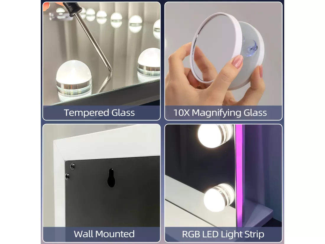 Miroir de maquillage hollywood coiffeuse mural avec lumière 80x58cm - Bande de LED RGB