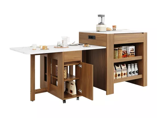 Table de bar extensible 110-124cm îlot cuisine 2 tiroirs 2 étagères prise courant plateau MDF blanc marbré marron