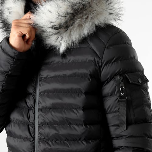 Doudoune Capuche Ultralight Avec Fourrure Grise 0051 Noir