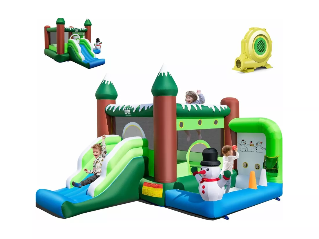 Château Gonflable sur Thème de l'hiver avec Toboggan & Souffleur 735W, Maison de Saut Gonflable avec Panier & Lancer d'Anneaux, Intérieur Extérieur, Charge 135kg pour 3 Enfants de 3-10 Ans