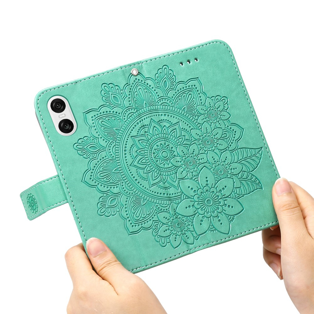 Sony Xperia 10 VI Leder Tasche Wallet - Mandala Flowers Imprint - Türkis