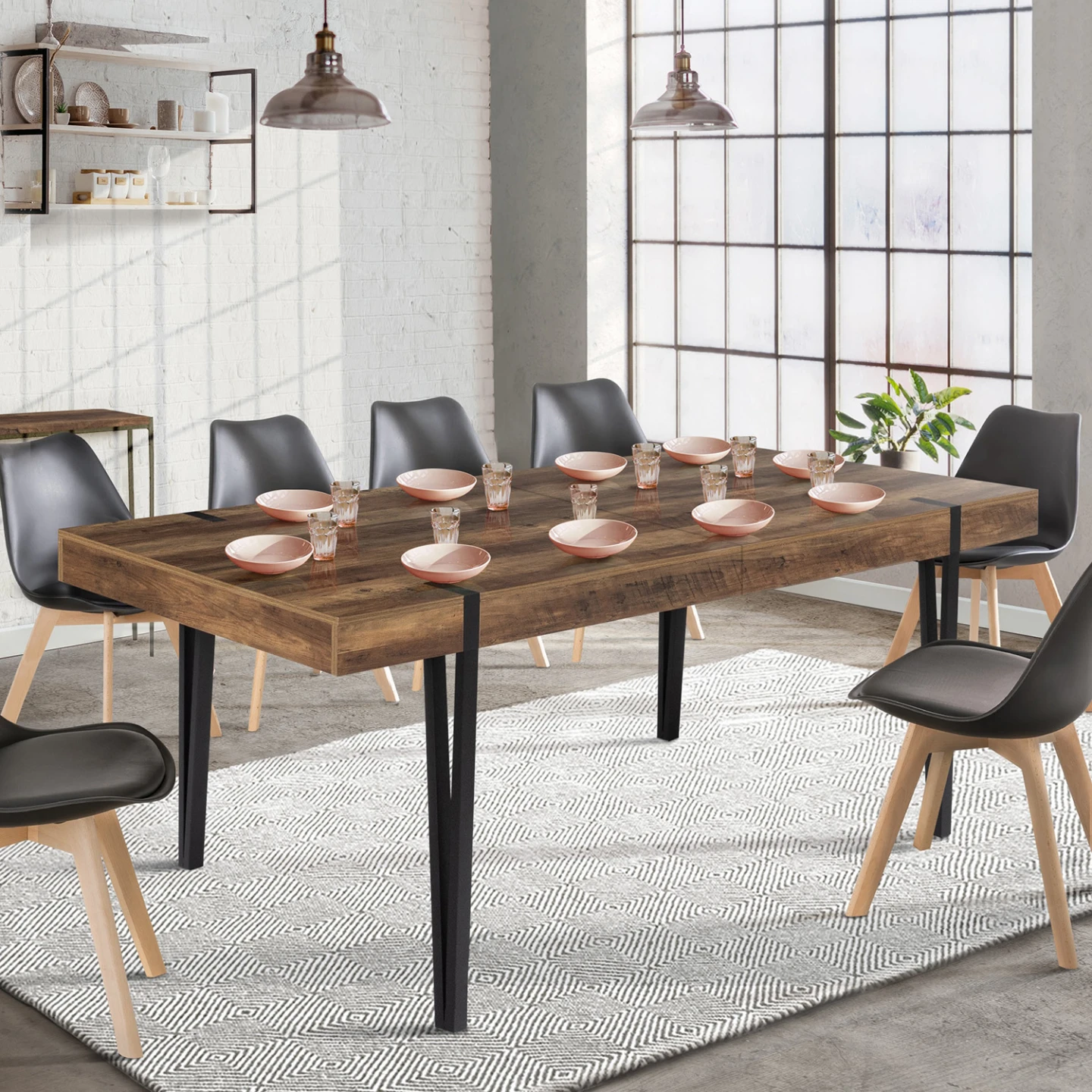 Table à manger extensible rectangle AUSTRIA 8-12 personnes bois pied épingle noir 200-240 cm