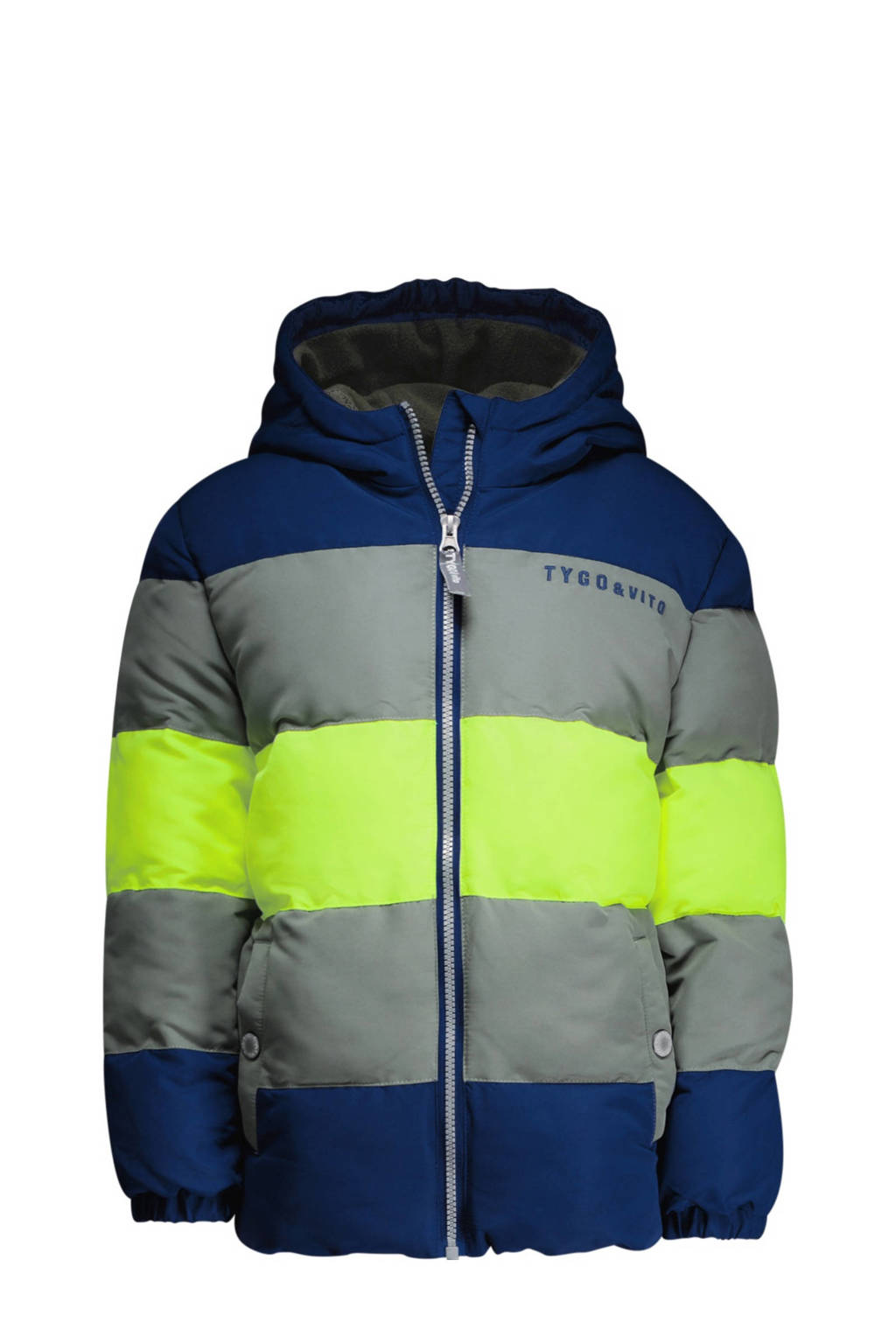 TYGO & vito gewatteerde winterjas Joppe donkerblauw/groen/neon geel